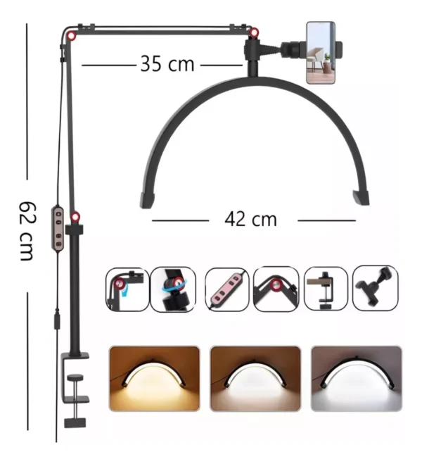 Lampara Media Luna Articulada Escritorio Manicura Con Morza Estructura Negro Pantalla Negro - Image 2